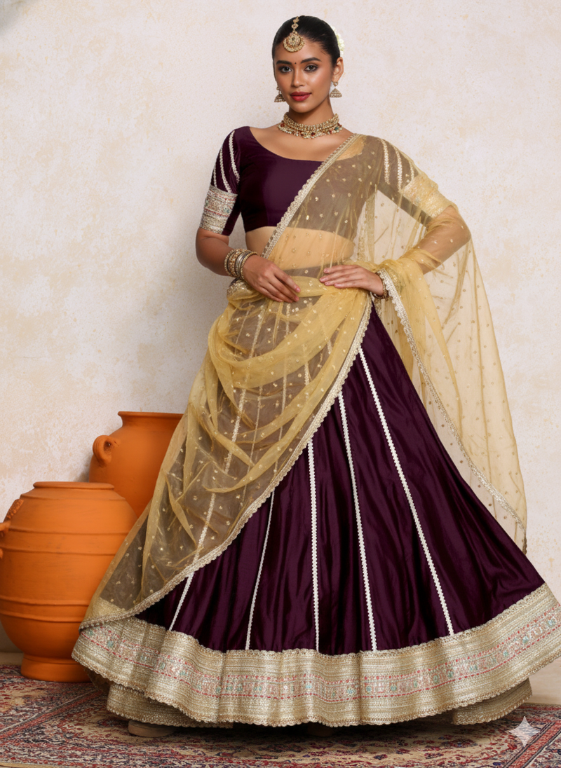 Mahira x Tyohaar | Deep Purple Plain Chandheri FlareFit™ Lehenga Set with Dupatta-Binks