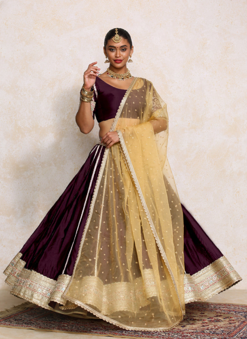 Mahira x Tyohaar | Deep Purple Plain Chandheri FlareFit™ Lehenga Set with Dupatta-Binks