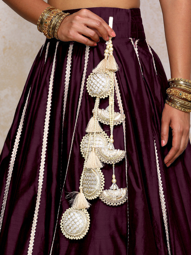 Mahira x Tyohaar Lehenga Set, in Purple Chandheri, featuring elbow sleeves and scoop neckline, made for party & festive.