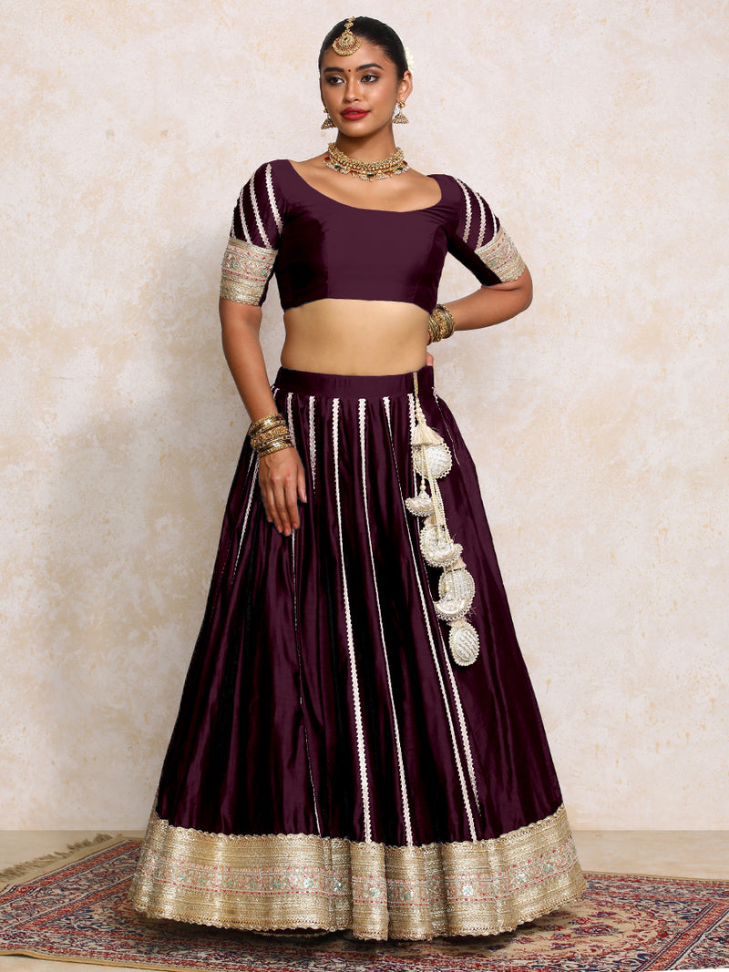 Mahira x Tyohaar | Deep Purple Plain Chandheri FlareFit™ Lehenga Set with Dupatta-Binks