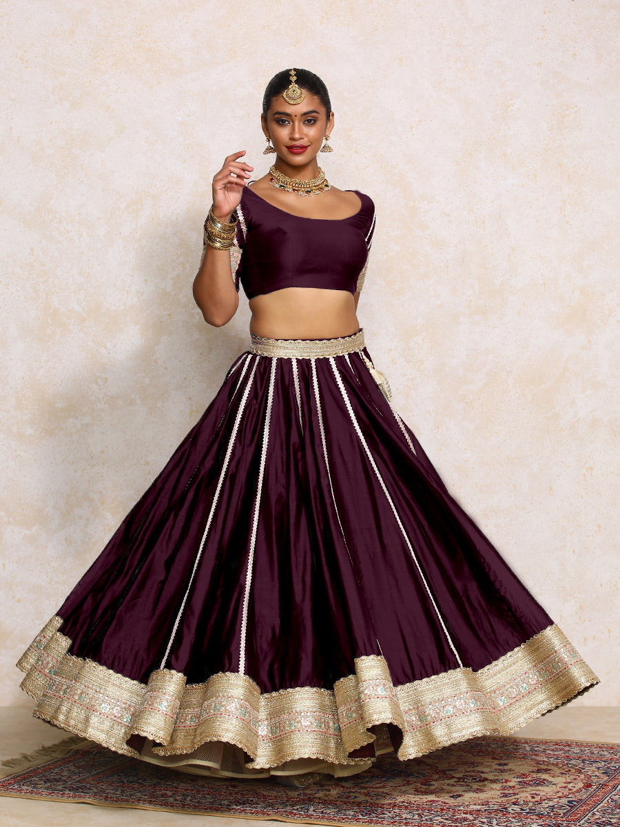 Mahira x Tyohaar Lehenga Set, in Purple Chandheri, featuring elbow sleeves and scoop neckline, made for party & festive.
