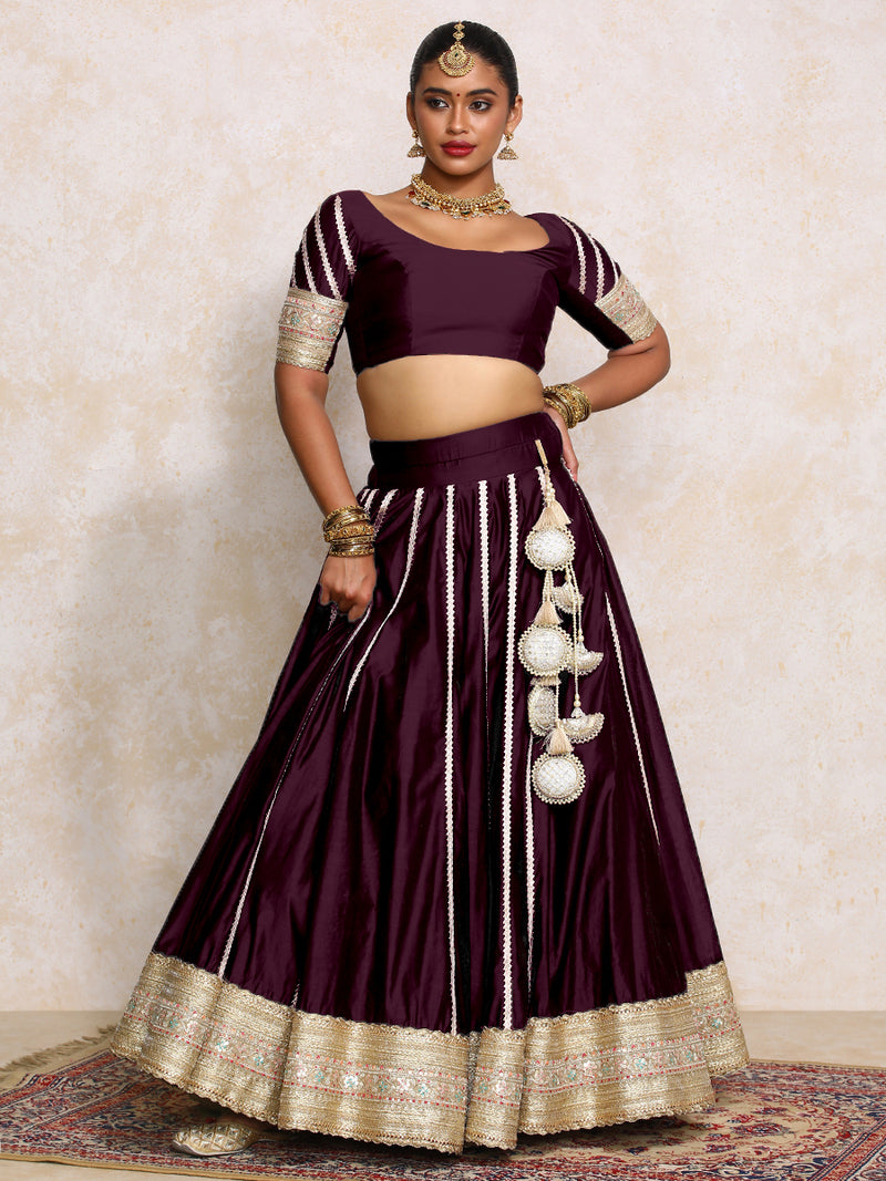 Mahira x Tyohaar | Deep Purple Plain Chandheri FlareFit™ Lehenga Set with Dupatta-Binks