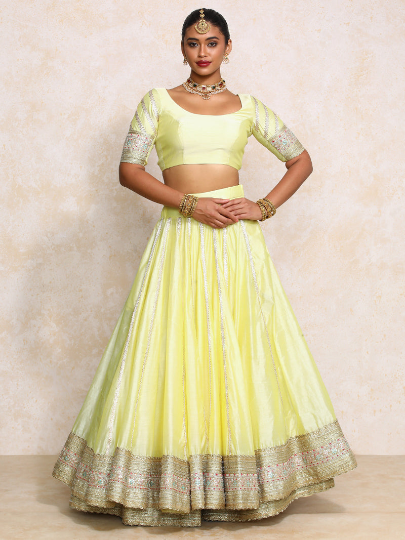 Mahira x Tyohaar | Lemon Yellow Plain Chandheri FlareFit™ Lehenga Set with Dupatta-Binks