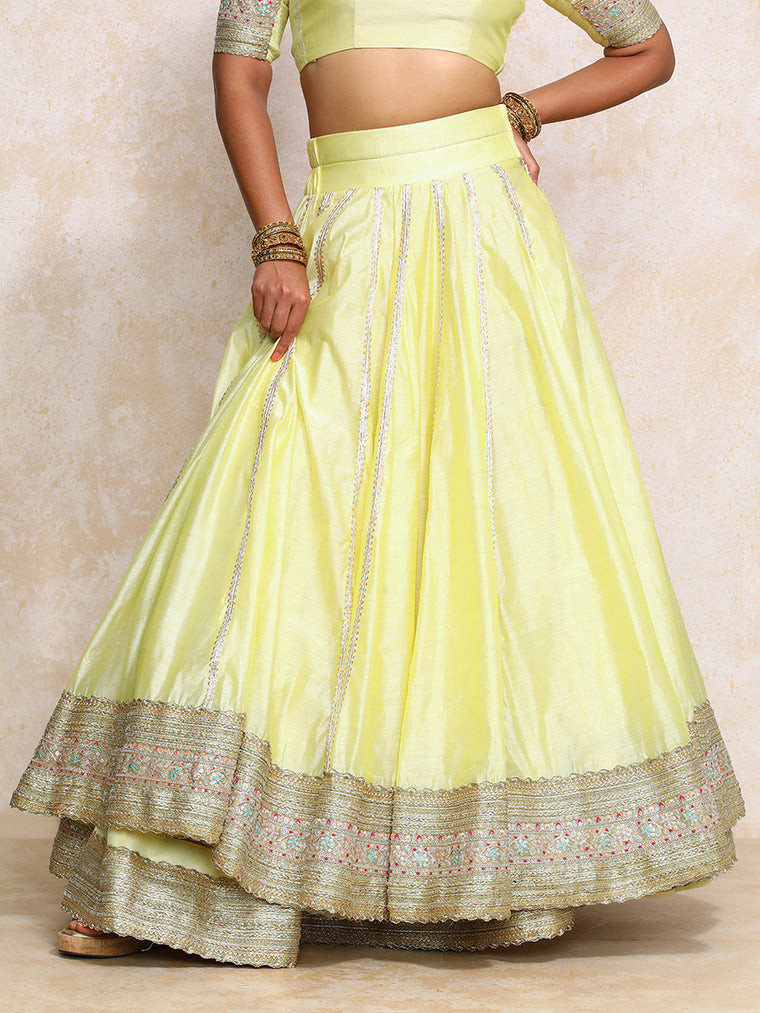 Mahira x Tyohaar Lehenga Set, in Yellow Chandheri, featuring elbow sleeves and scoop neckline, made for party & festive.