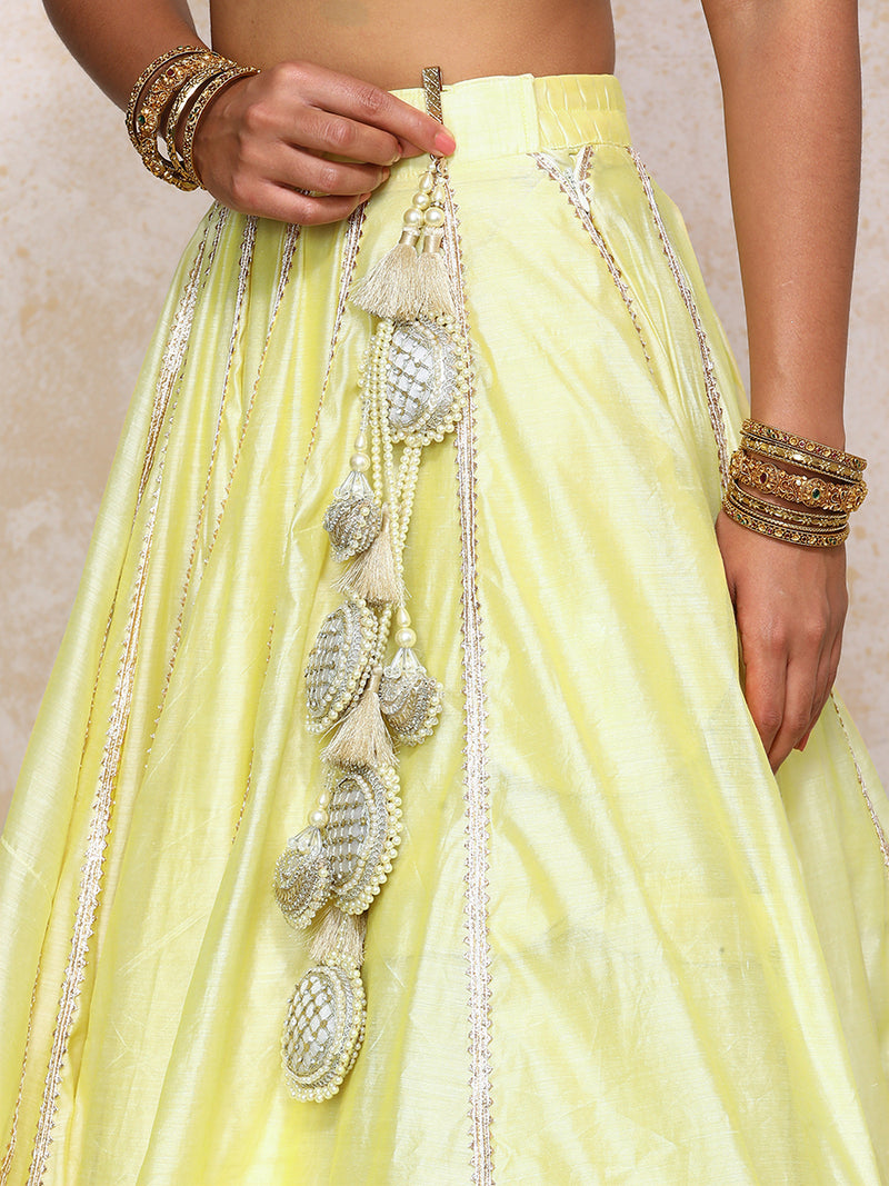 Mahira x Tyohaar | Lemon Yellow Plain Chandheri FlareFit™ Lehenga Set with Dupatta-Binks