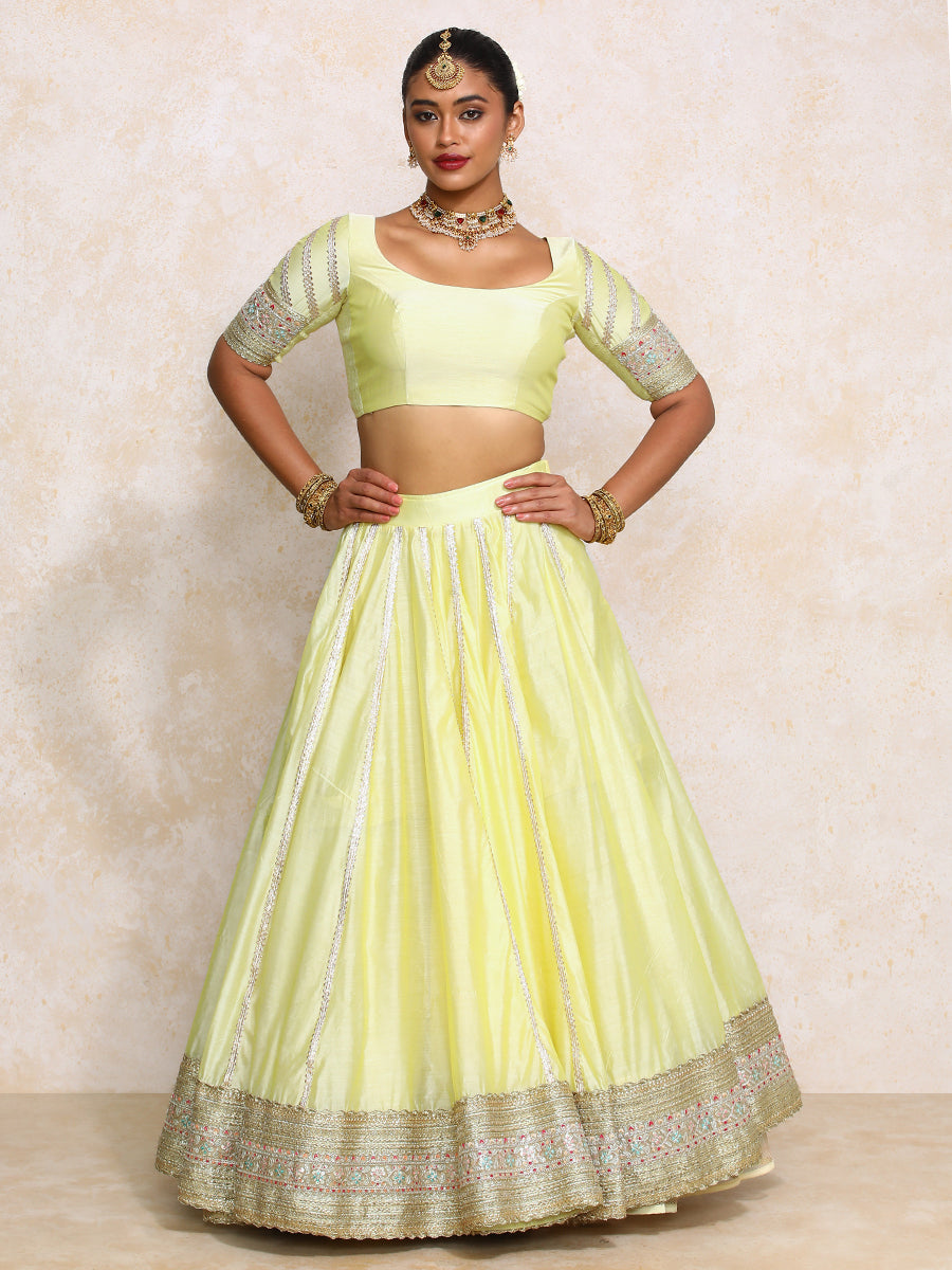 Mahira x Tyohaar Lehenga Set, in Yellow Chandheri, featuring elbow sleeves and scoop neckline, made for party & festive.