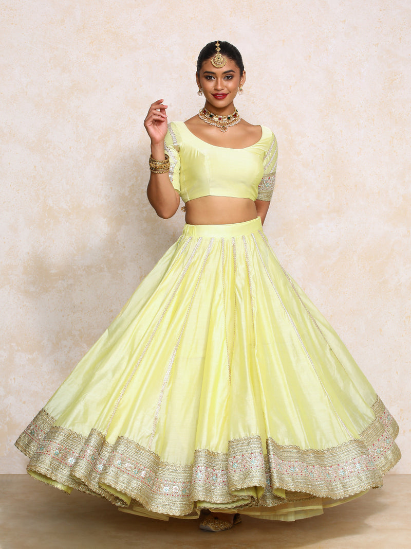 Mahira x Tyohaar | Lemon Yellow Plain Chandheri FlareFit™ Lehenga Set with Dupatta-Binks