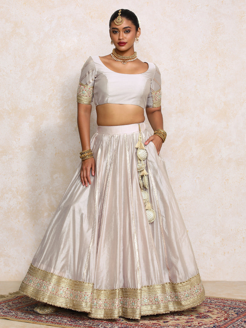 Mahira x Tyohaar | Oyster Grey Plain Chandheri FlareFit™ Lehenga Set with Dupatta-Binks