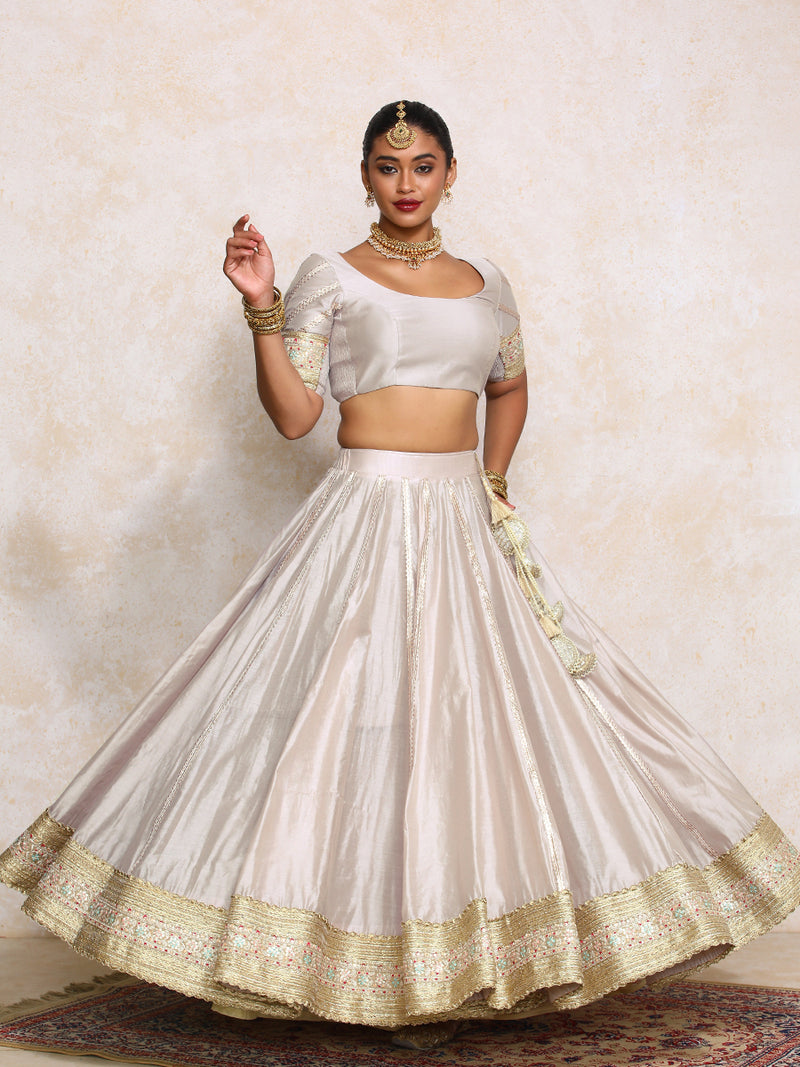 Mahira x Tyohaar | Oyster Grey Plain Chandheri FlareFit™ Lehenga Set with Dupatta-Binks