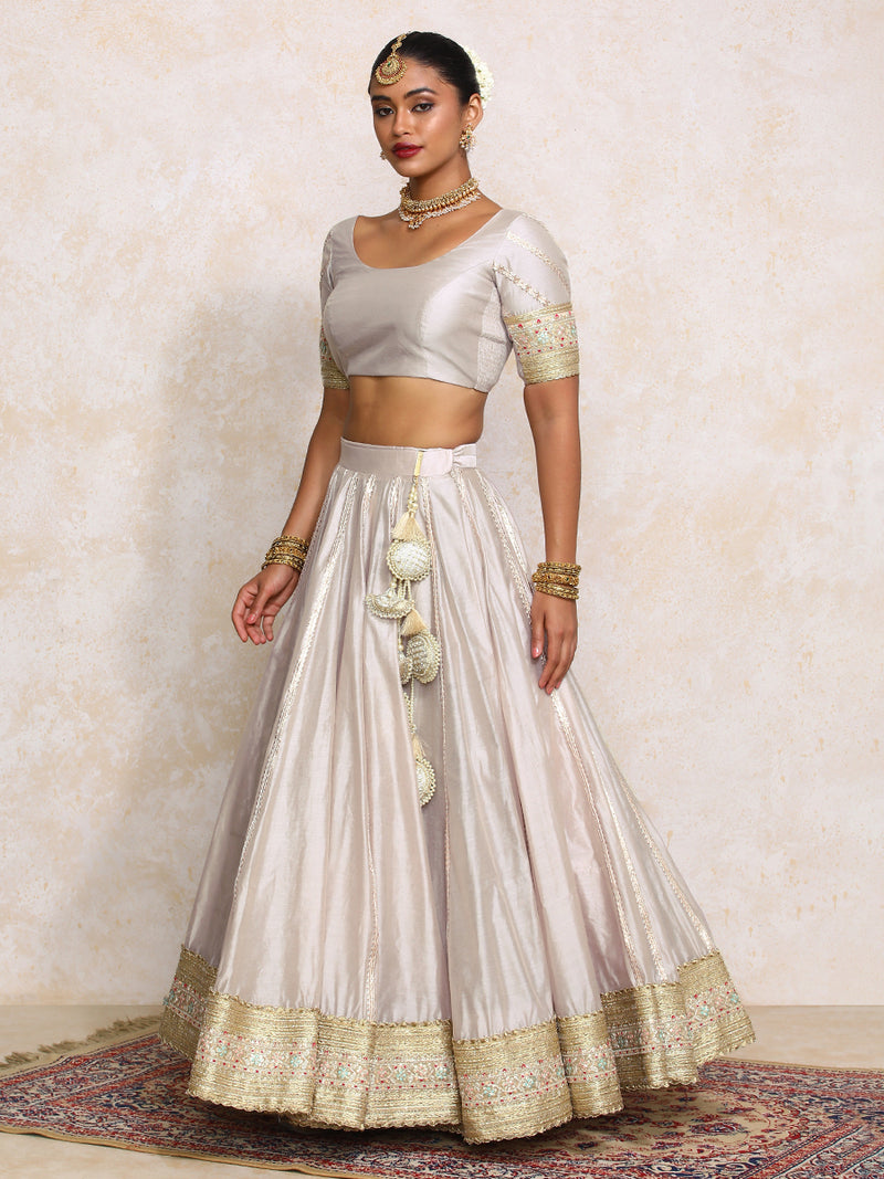 Mahira x Tyohaar | Oyster Grey Plain Chandheri FlareFit™ Lehenga Set with Dupatta-Binks