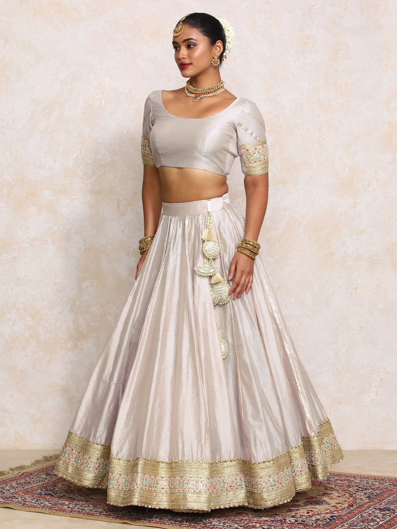 Mahira x Tyohaar | Oyster Grey Plain Chandheri FlareFit™ Lehenga Set with Dupatta-Binks