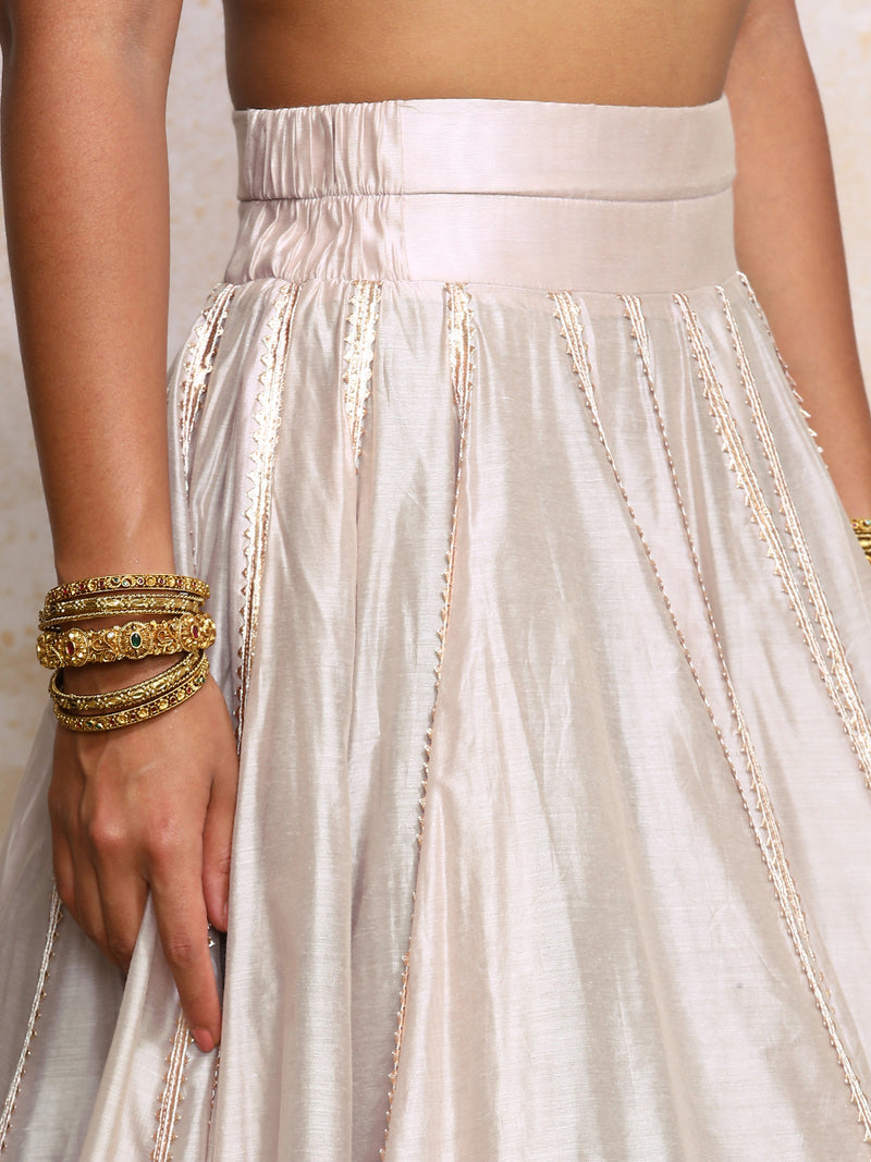 Mahira x Tyohaar | Oyster Grey Plain Chandheri FlareFit™ Lehenga Set with Dupatta-Binks