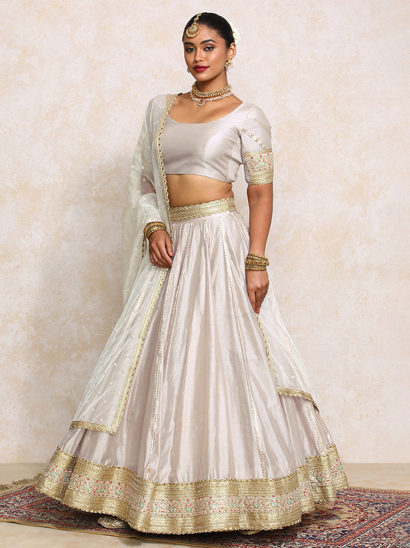 Mahira x Tyohaar | Oyster Grey Plain Chandheri FlareFit™ Lehenga Set with Dupatta-Binks