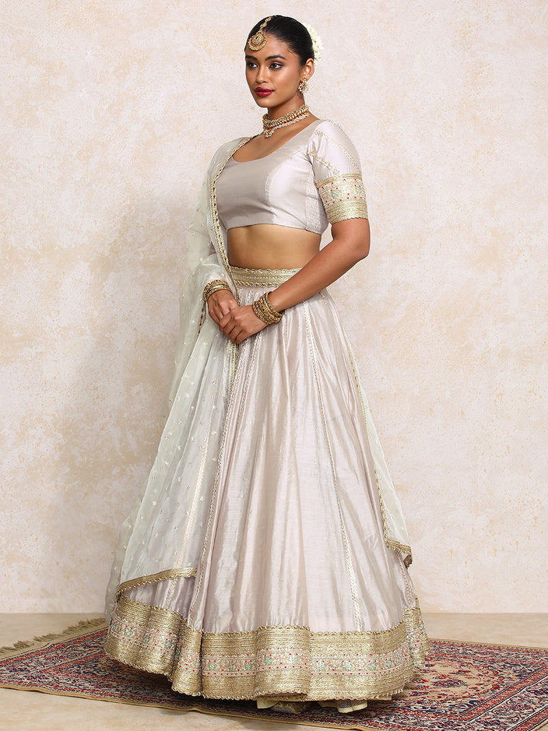 Mahira x Tyohaar | Oyster Grey Plain Chandheri FlareFit™ Lehenga Set with Dupatta-Binks