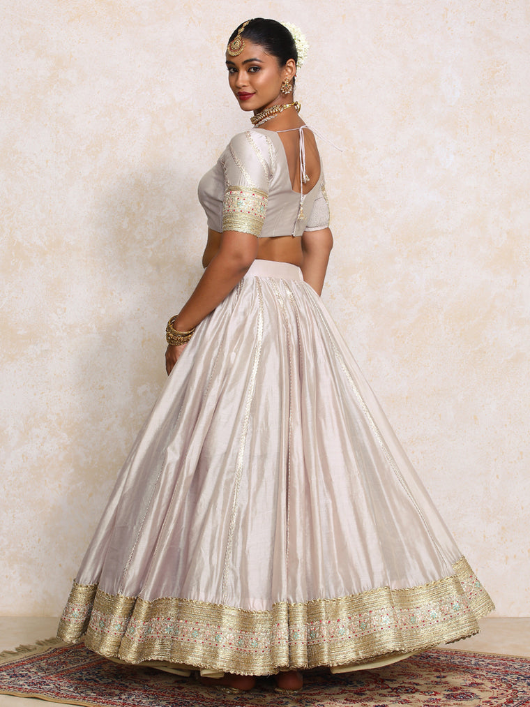 Mahira x Tyohaar Lehenga Set, in Grey Chandheri, featuring elbow sleeves and scoop neckline, made for party & festive (view 2).