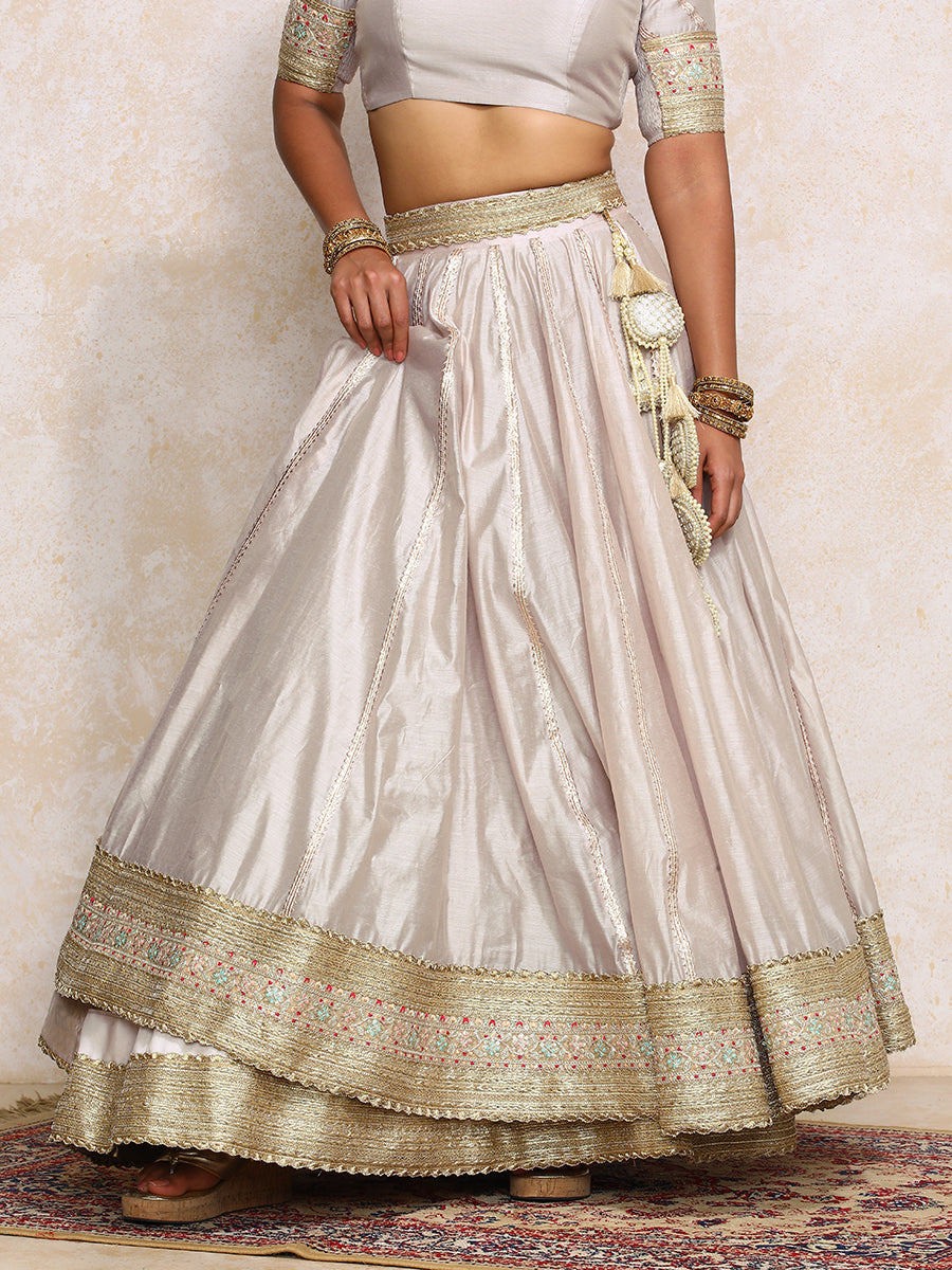 Mahira x Tyohaar Lehenga Set, in Grey Chandheri, featuring elbow sleeves and scoop neckline, made for party & festive (view 3).