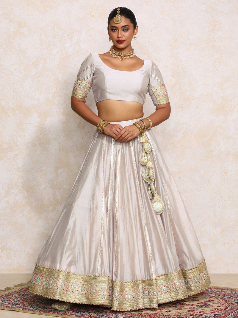Mahira x Tyohaar | Oyster Grey Plain Chandheri FlareFit™ Lehenga Set with Dupatta-Binks