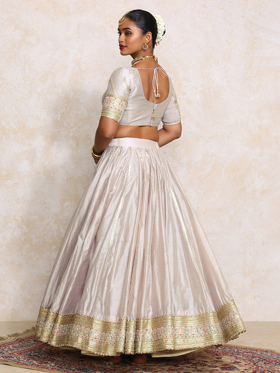 Mahira x Tyohaar Lehenga Set, in Grey Chandheri, featuring elbow sleeves and scoop neckline, made for party & festive (view 8).
