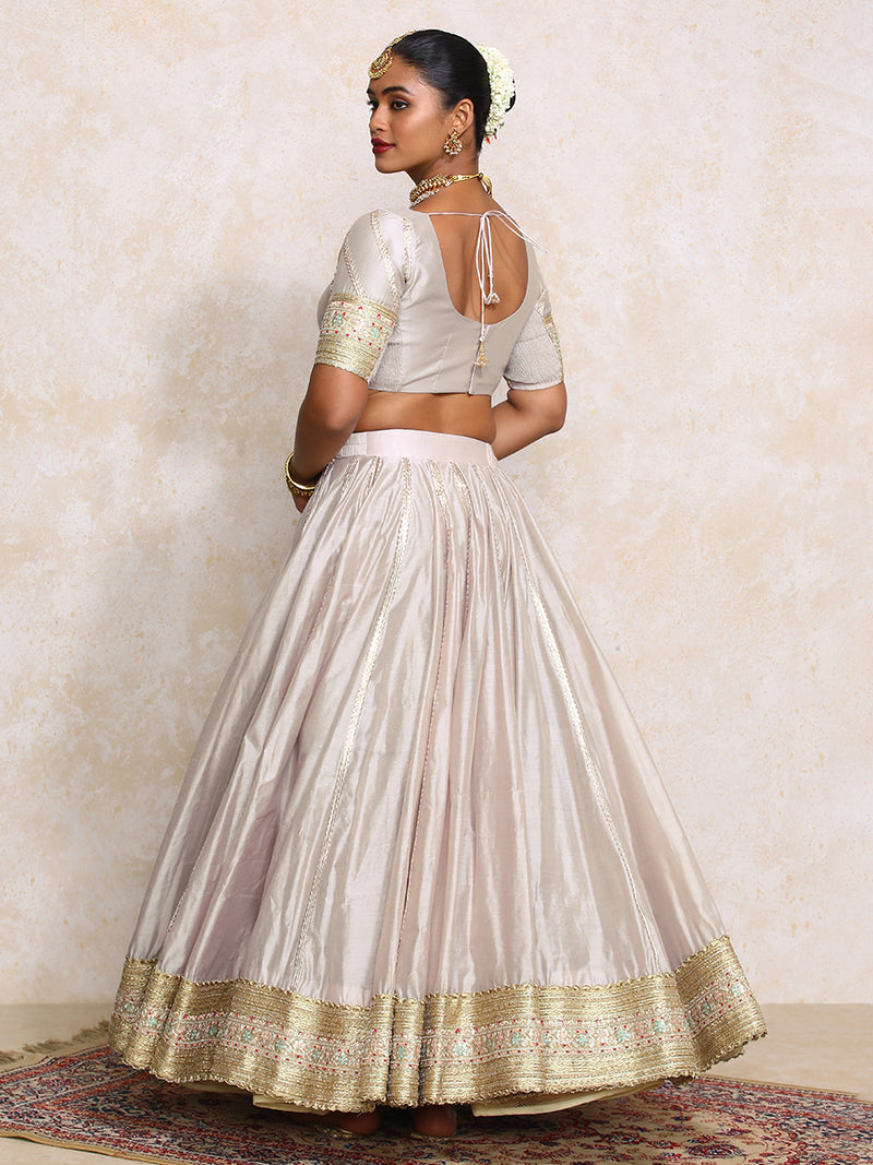 Mahira x Tyohaar | Oyster Grey Plain Chandheri FlareFit™ Lehenga Set with Dupatta-Binks