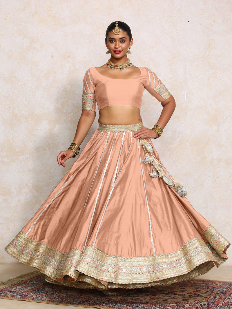 Mahira x Tyohaar | Peach Plain Chandheri FlareFit™ Lehenga Set with Dupatta-Binks