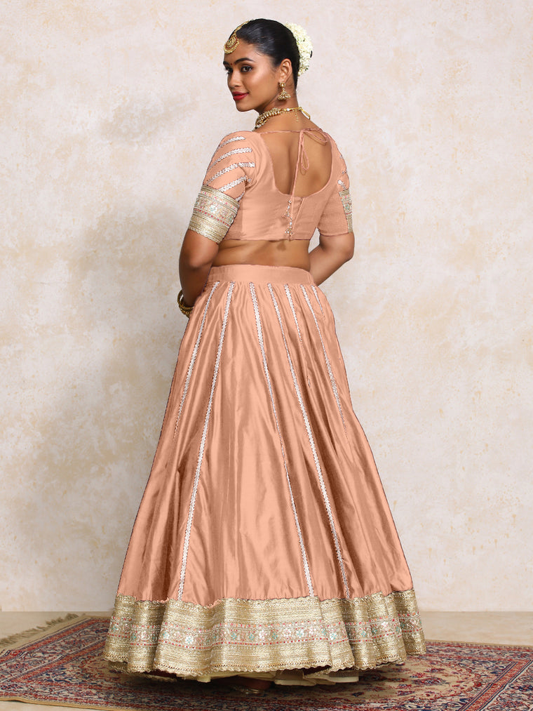 Mahira x Tyohaar Lehenga Set, in Peach Chandheri, featuring elbow sleeves and scoop neckline, made for party & festive (view 2).