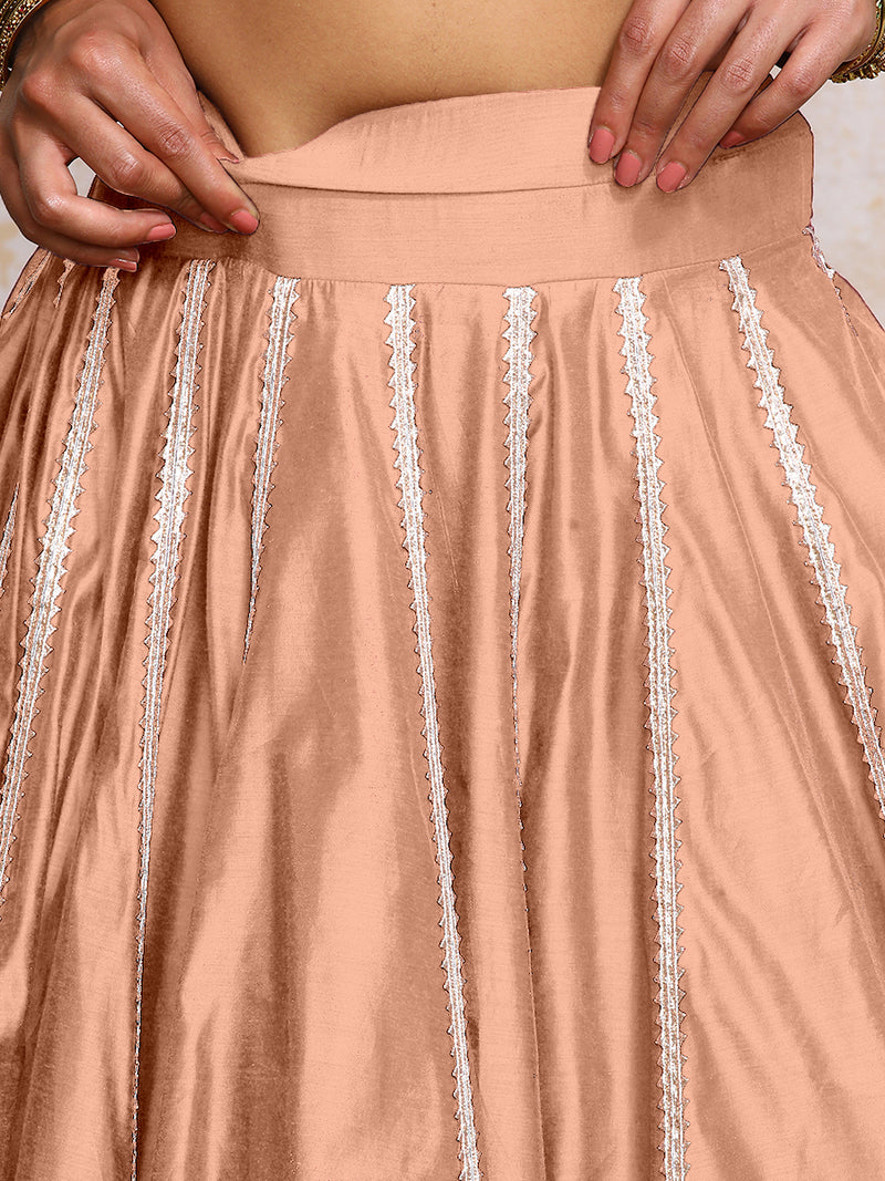Mahira x Tyohaar | Peach Plain Chandheri FlareFit™ Lehenga Set with Dupatta-Binks