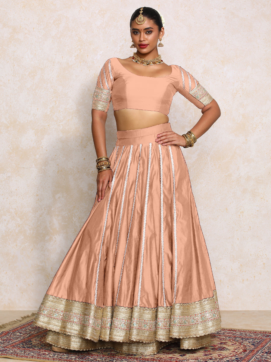 Mahira x Tyohaar Lehenga Set, in Peach Chandheri, featuring elbow sleeves and scoop neckline, made for party & festive (view 8).