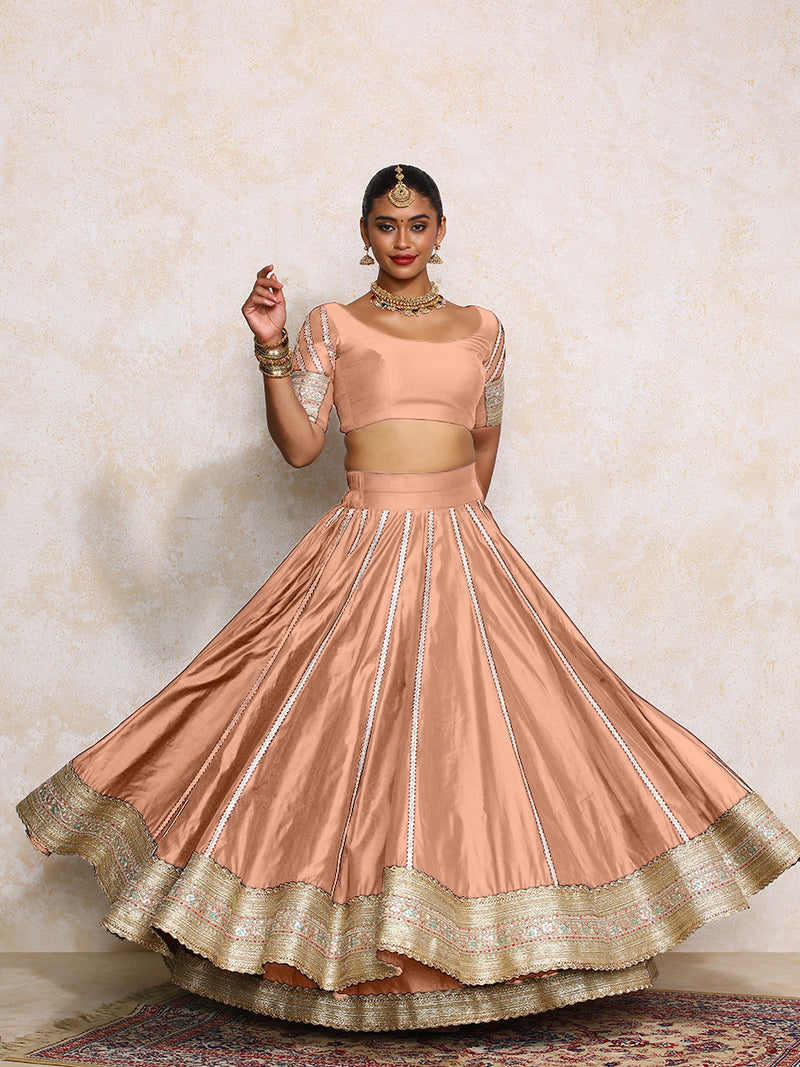 Mahira x Tyohaar | Peach Plain Chandheri FlareFit™ Lehenga Set with Dupatta-Binks