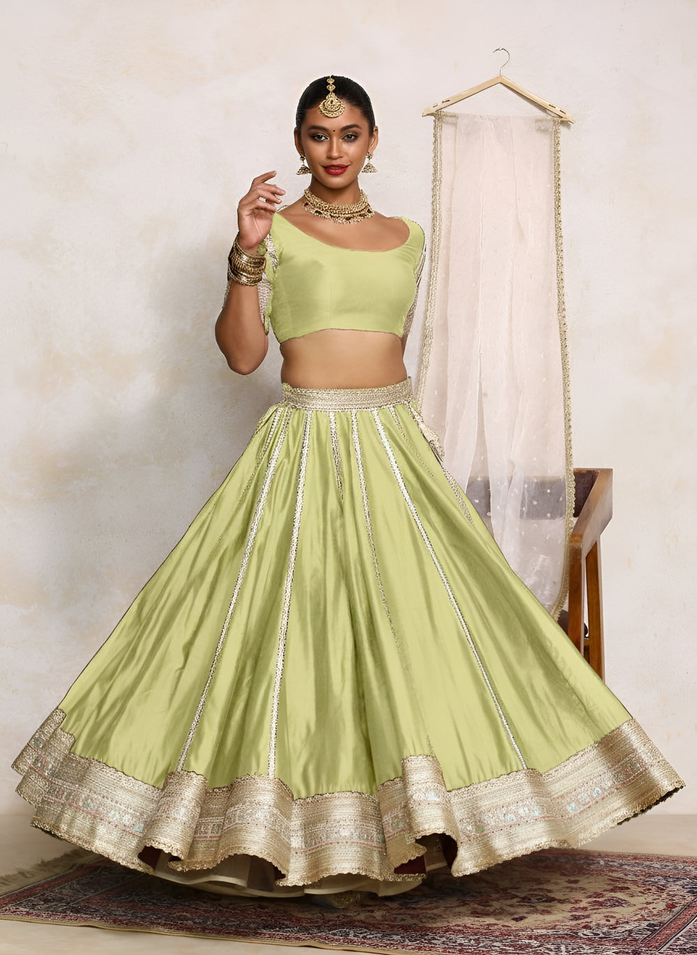 Mahira x Tyohaar | Pista Green Plain Chandheri FlareFit™ Lehenga Set with Dupatta