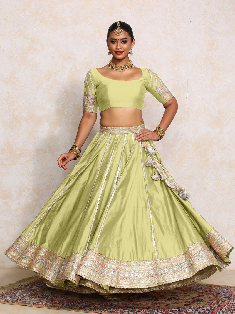 Mahira x Tyohaar | Pista Green Plain Chandheri FlareFit™ Lehenga Set with Dupatta-Binks