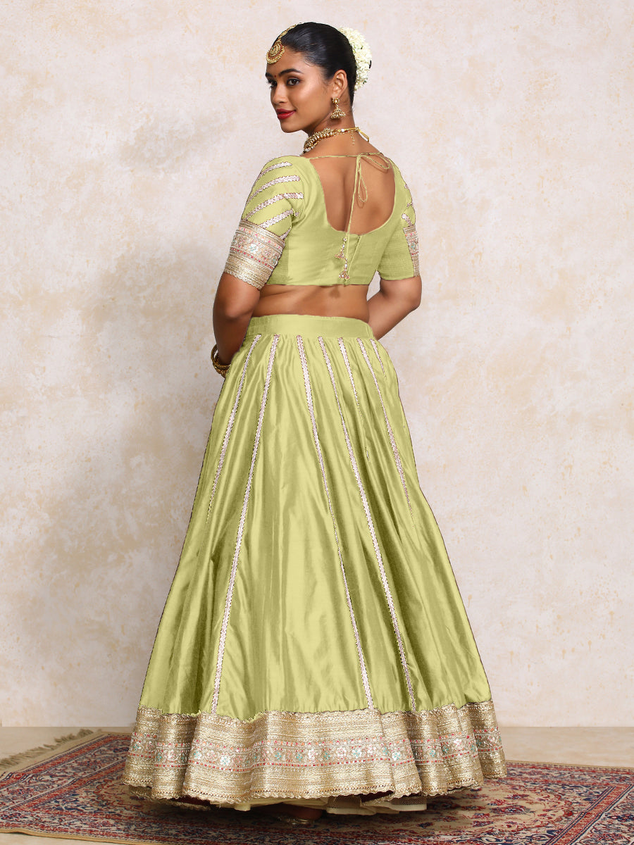 Mahira x Tyohaar Lehenga Set, in Green Chandheri, featuring elbow sleeves and scoop neckline, made for party & festive (view 2).