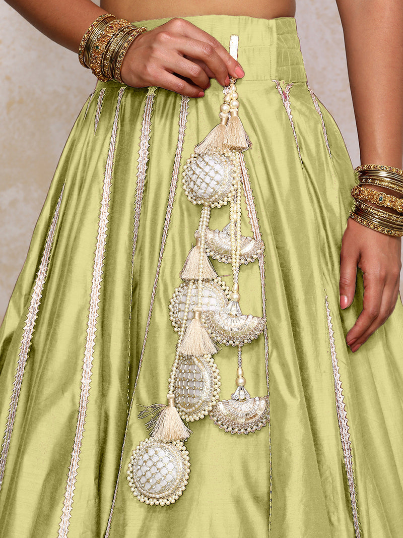 Mahira x Tyohaar | Pista Green Plain Chandheri FlareFit™ Lehenga Set with Dupatta-Binks