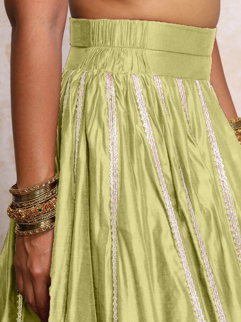 Mahira x Tyohaar | Pista Green Plain Chandheri FlareFit™ Lehenga Set with Dupatta-Binks