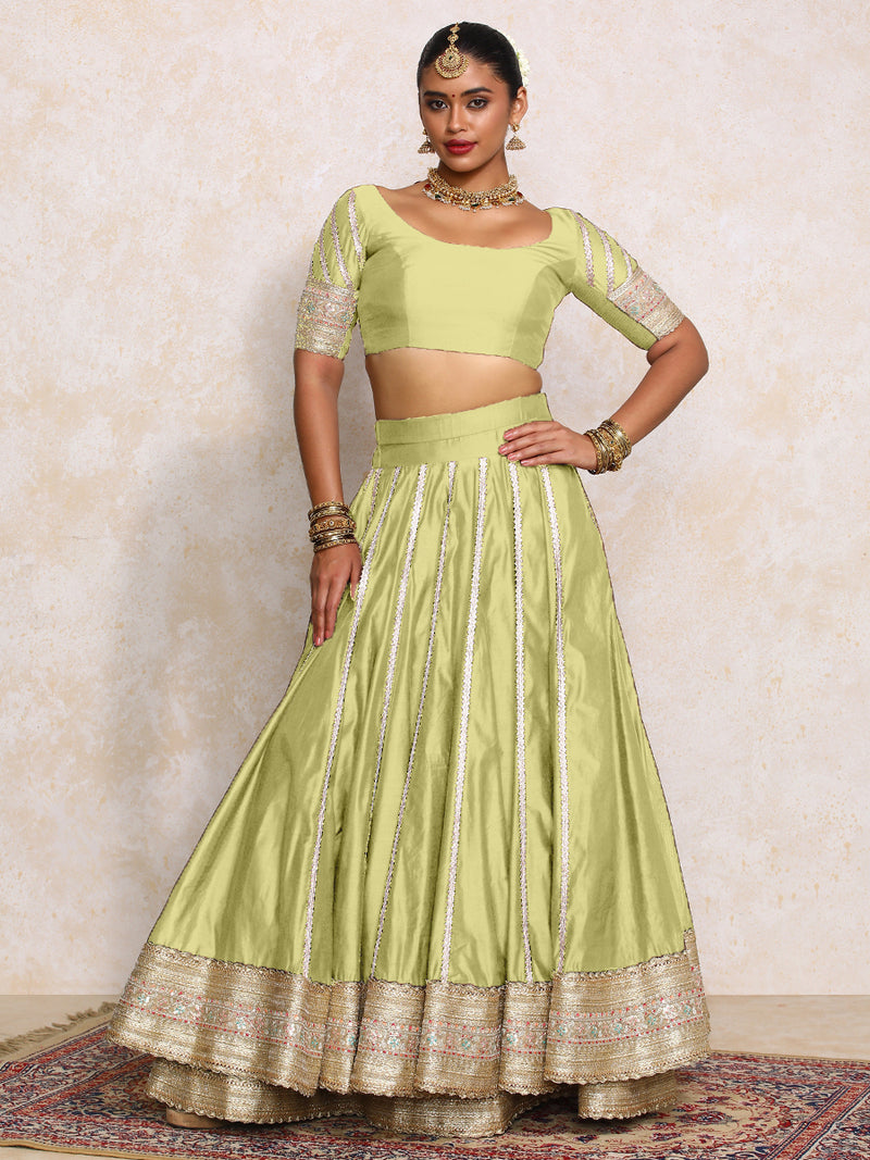 Mahira x Tyohaar | Pista Green Plain Chandheri FlareFit™ Lehenga Set with Dupatta-Binks
