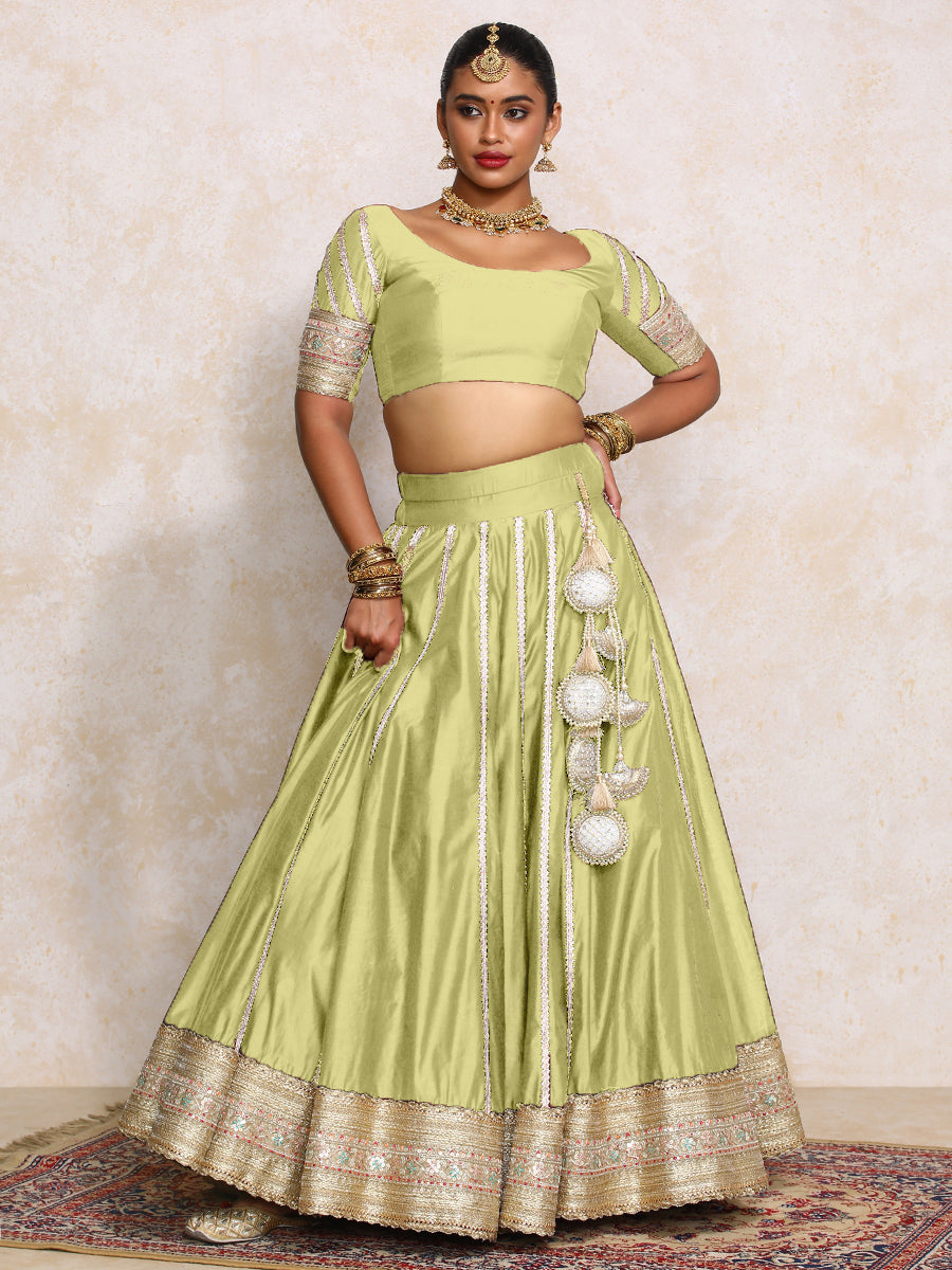 Mahira x Tyohaar Lehenga Set, in Green Chandheri, featuring elbow sleeves and scoop neckline, made for party & festive (view 8).