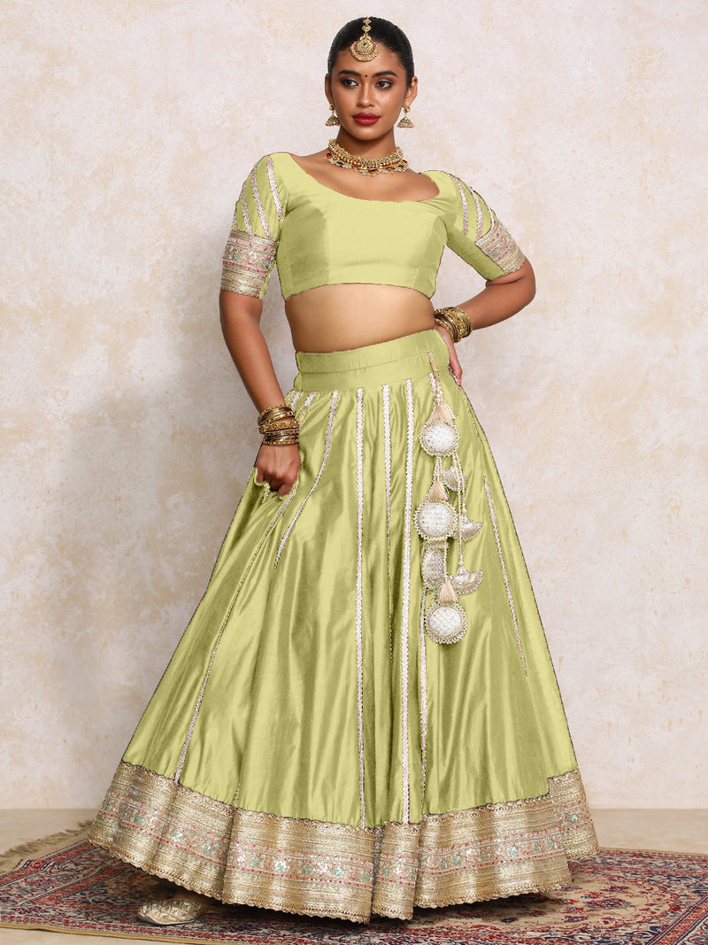 Mahira x Tyohaar | Pista Green Plain Chandheri FlareFit™ Lehenga Set with Dupatta-Binks