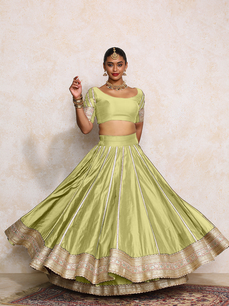 Mahira x Tyohaar | Pista Green Plain Chandheri FlareFit™ Lehenga Set with Dupatta-Binks