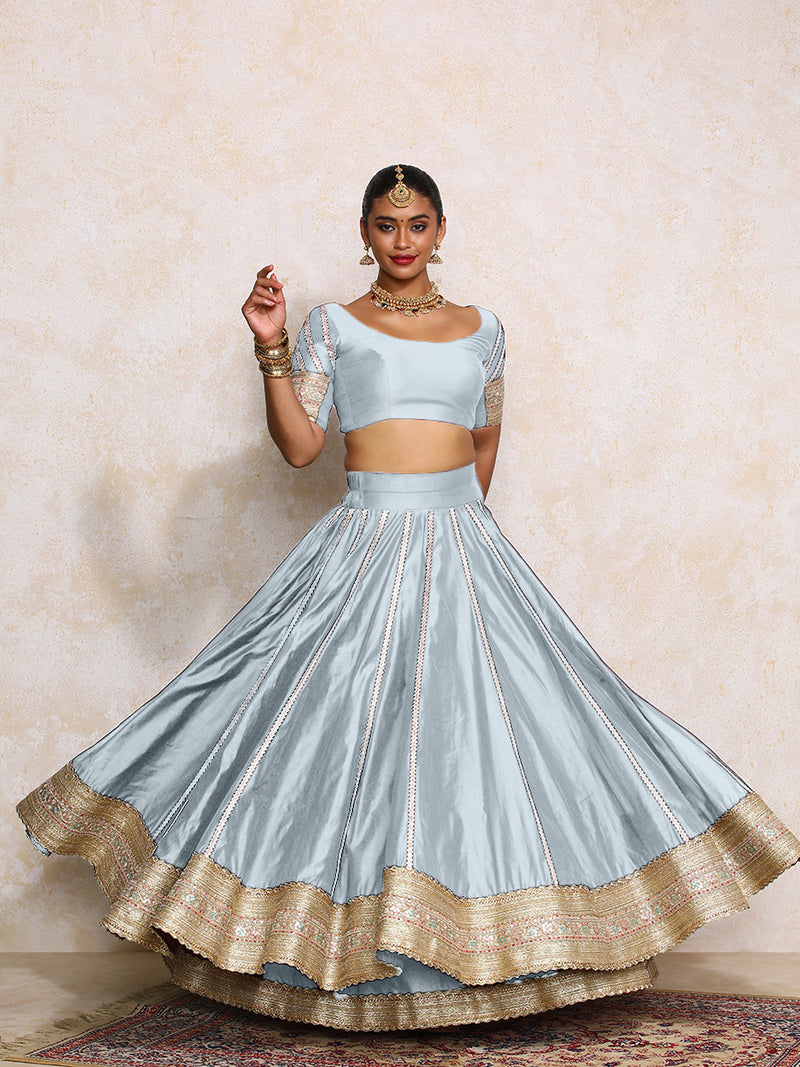 Mahira x Tyohaar | Powder Blue Plain Chandheri FlareFit™ Lehenga Set with Dupatta-Binks