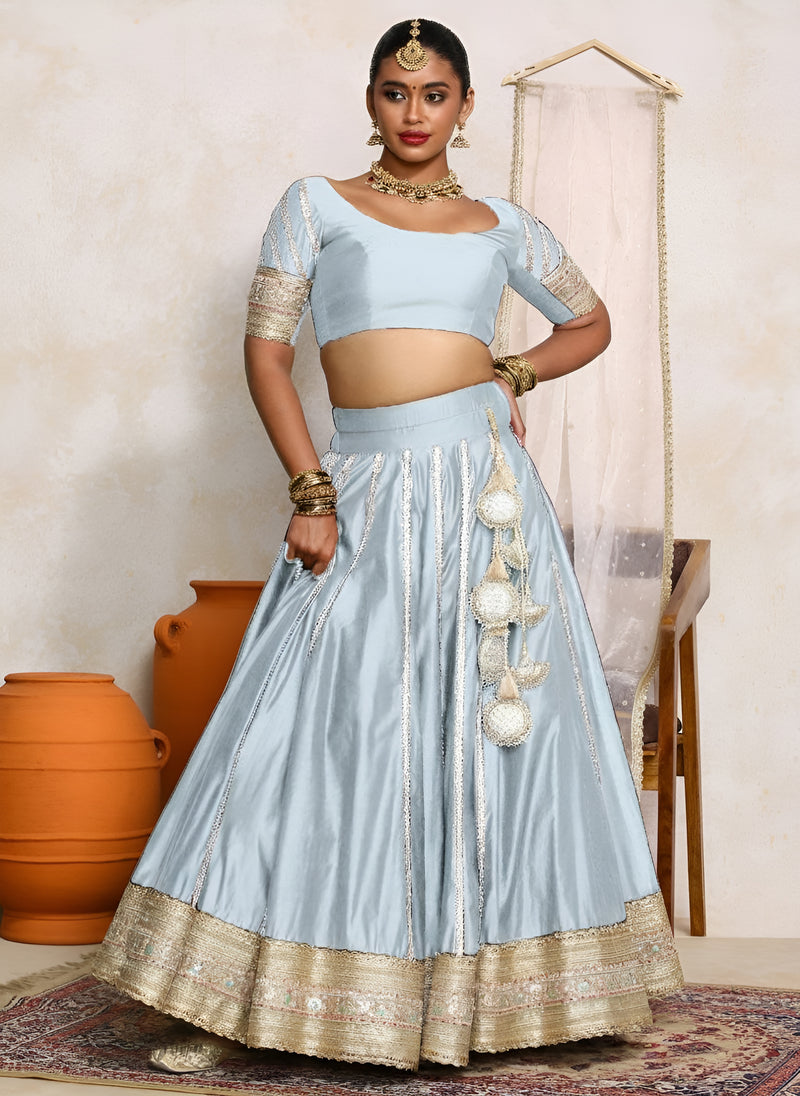 Mahira x Tyohaar | Powder Blue Plain Chandheri FlareFit™ Lehenga Set with Dupatta-Binks