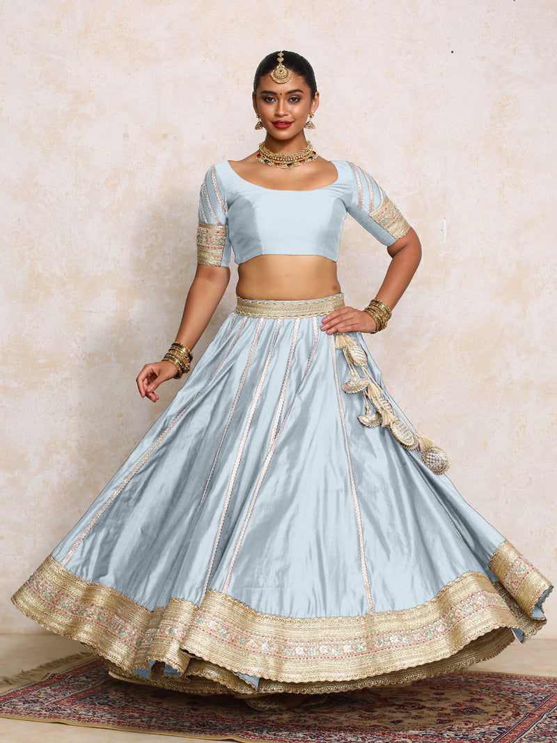 Mahira x Tyohaar | Powder Blue Plain Chandheri FlareFit™ Lehenga Set with Dupatta-Binks