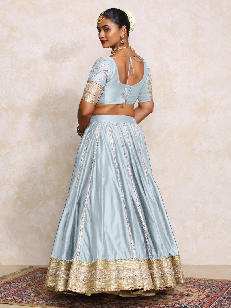 Mahira x Tyohaar | Powder Blue Plain Chandheri FlareFit™ Lehenga Set with Dupatta-Binks