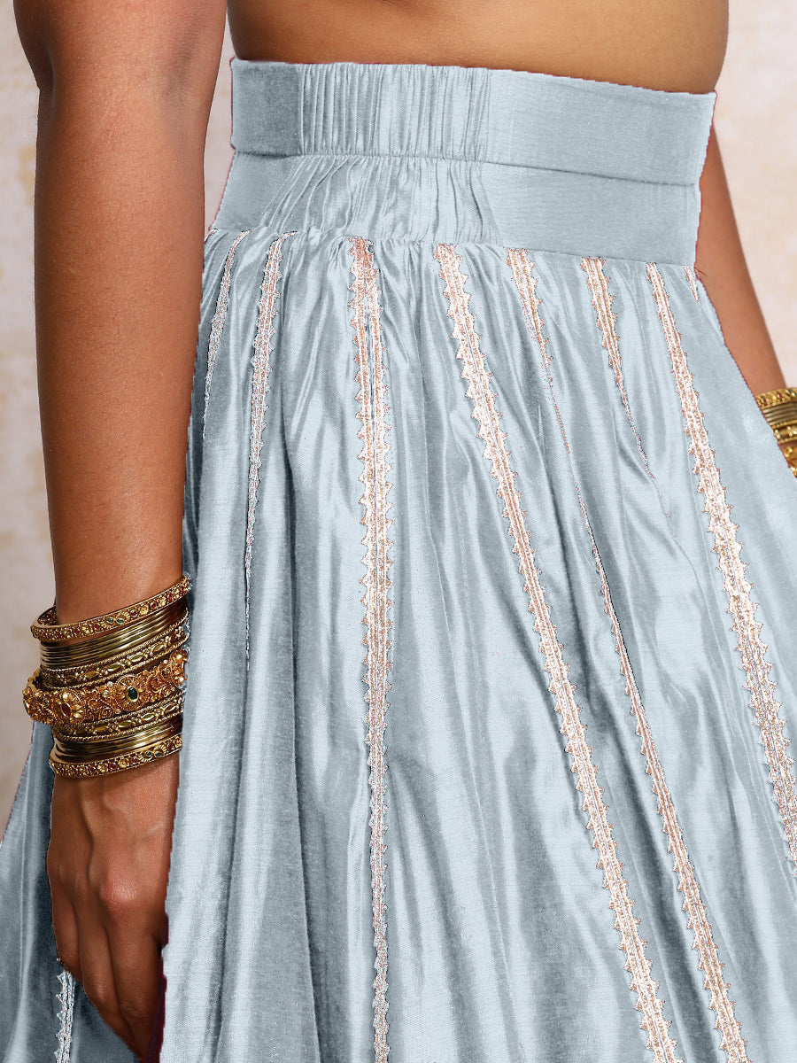 Mahira x Tyohaar Lehenga Set, in Blue Chandheri, featuring elbow sleeves and scoop neckline, made for party & festive (view 4).