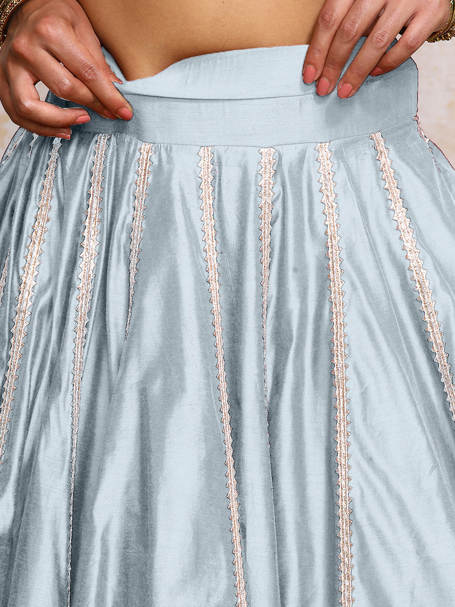 Mahira x Tyohaar Lehenga Set, in Blue Chandheri, featuring elbow sleeves and scoop neckline, made for party & festive (view 5).