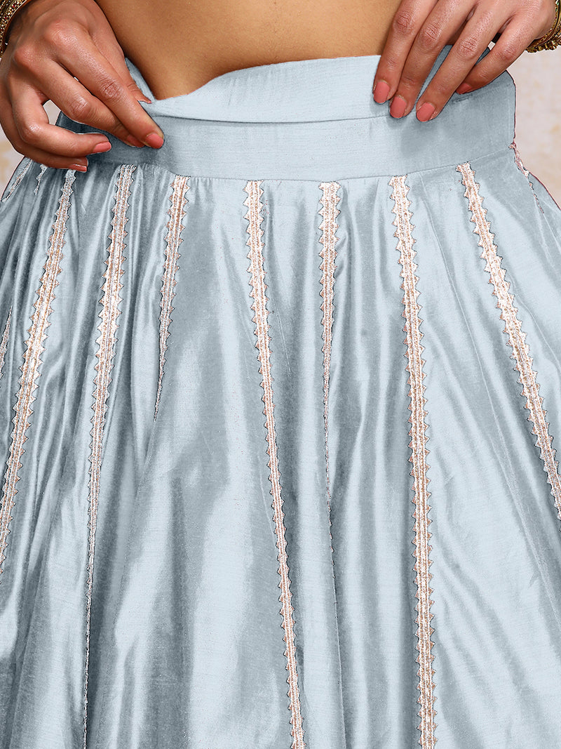 Mahira x Tyohaar | Powder Blue Plain Chandheri FlareFit™ Lehenga Set with Dupatta-Binks