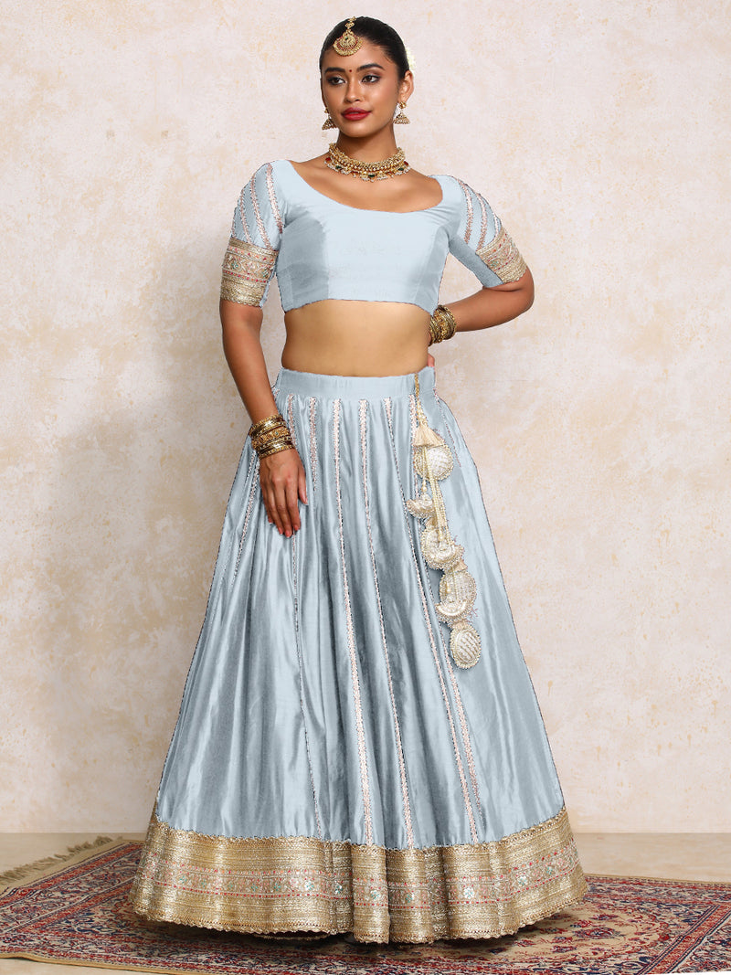 Mahira x Tyohaar | Powder Blue Plain Chandheri FlareFit™ Lehenga Set with Dupatta-Binks