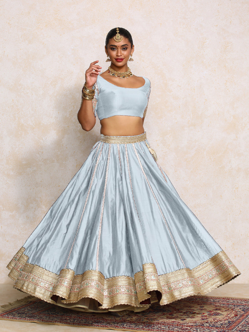 Mahira x Tyohaar | Powder Blue Plain Chandheri FlareFit™ Lehenga Set with Dupatta-Binks