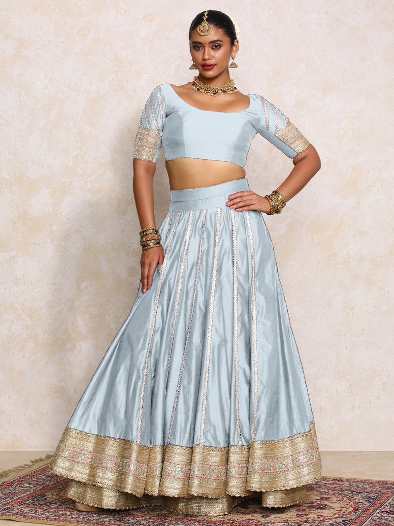 Mahira x Tyohaar | Powder Blue Plain Chandheri FlareFit™ Lehenga Set with Dupatta-Binks