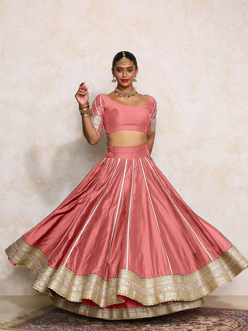 Mahira x Tyohaar | Rose Pink Plain Chandheri FlareFit™ Lehenga Set with Dupatta-Binks