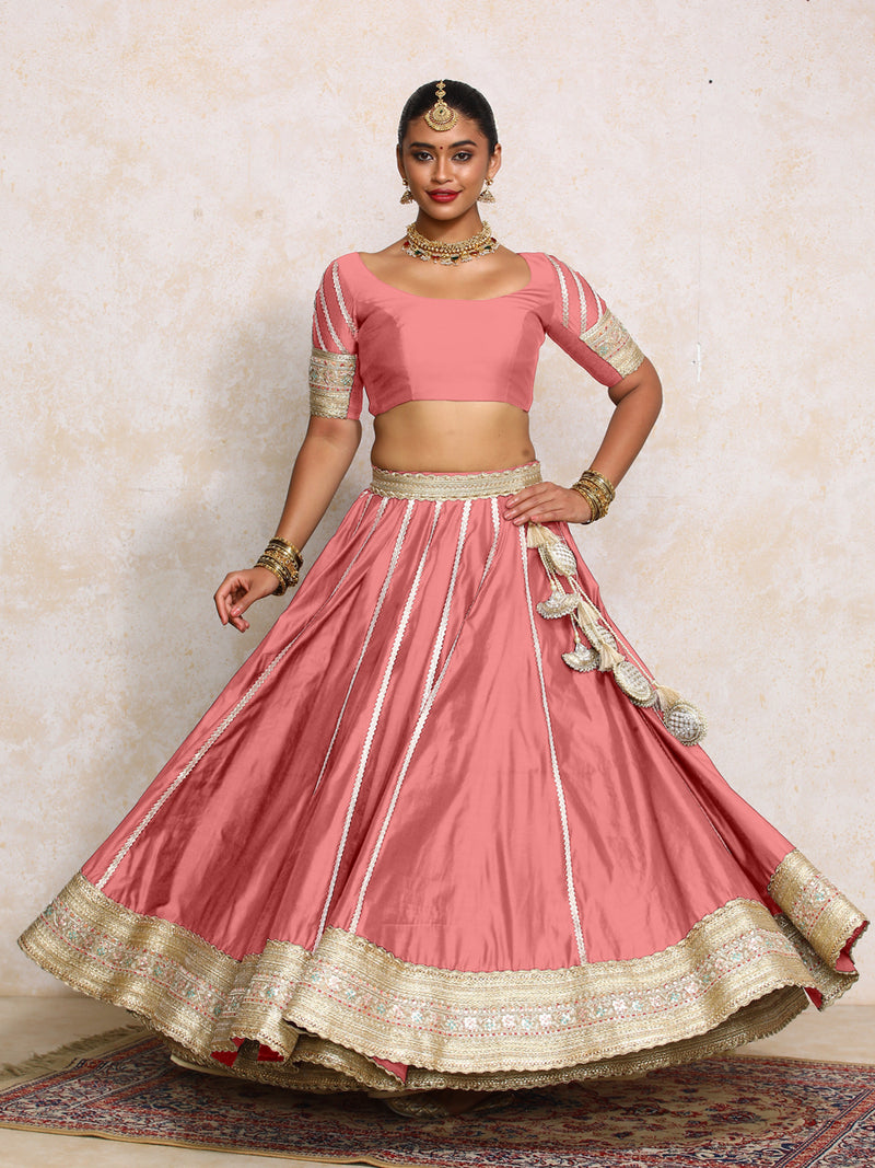 Mahira x Tyohaar | Rose Pink Plain Chandheri FlareFit™ Lehenga Set with Dupatta-Binks
