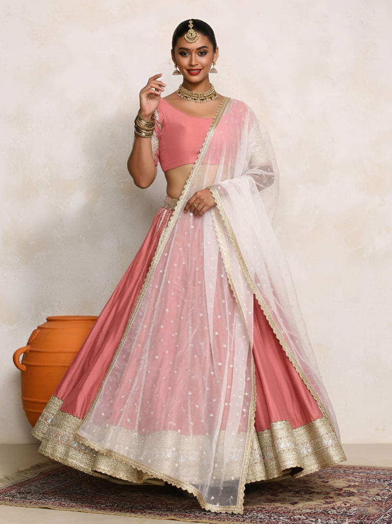 Mahira x Tyohaar | Rose Pink Plain Chandheri FlareFit™ Lehenga Set with Dupatta-Binks